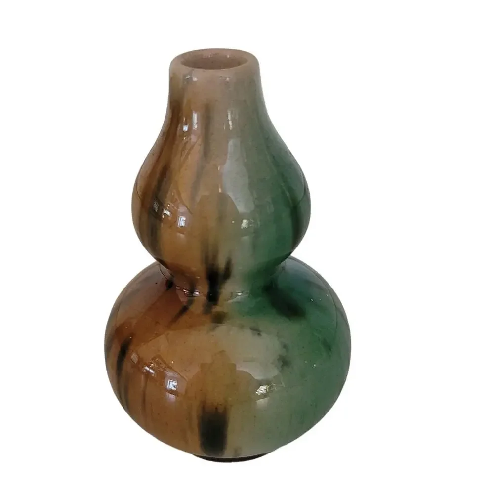 Ceramic Gourd neck potter vase green brown mini mottled glaze 4